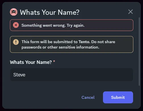 "Something went wrong" message on the modal created earlier